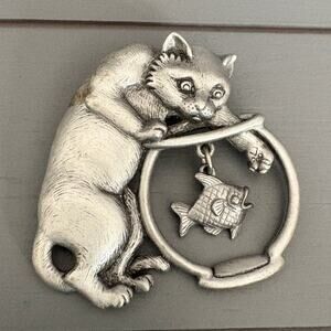Vintage J&J Cat in Fish Bowl Dangle Pewter Brooch
